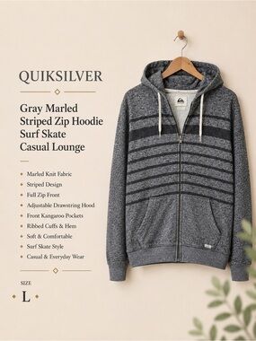 Quiksilver Gray Marled Striped Zip Hoodie Surf Skate Casual Lounge Size Large